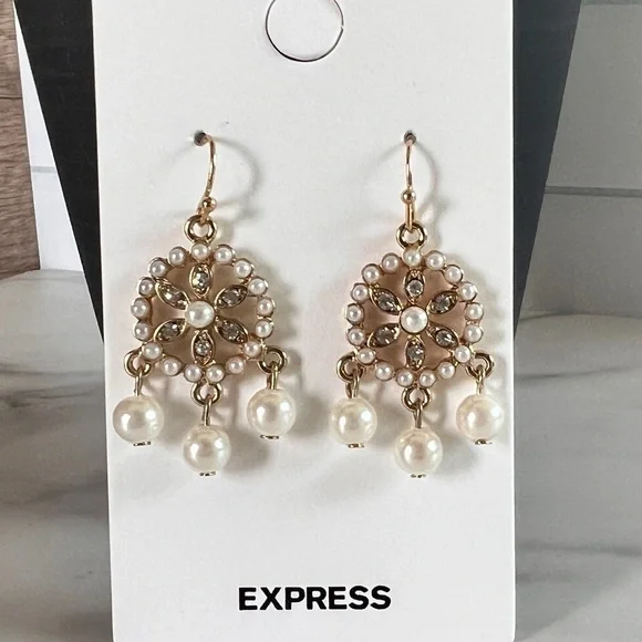 Express Gold & Faux Pearl Dangle Earrings with with Wheel Shape CZ Detail - Picture 4 of 4